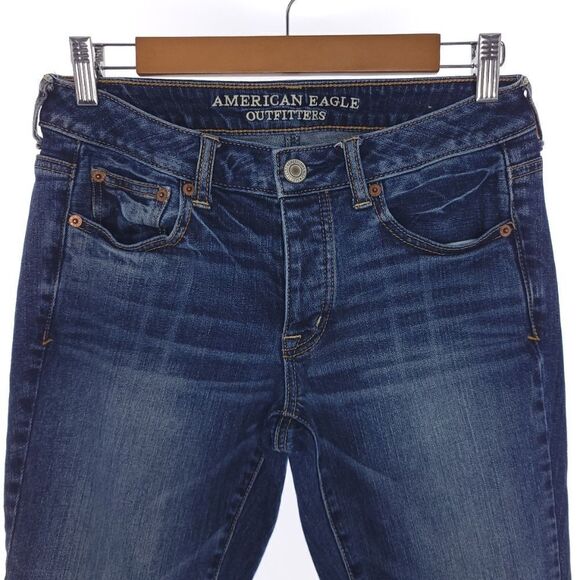 American Eagle Boy Crop Stretch Solid Blue Button Fly Denim Jeans Size 2 - Picture 3 of 8